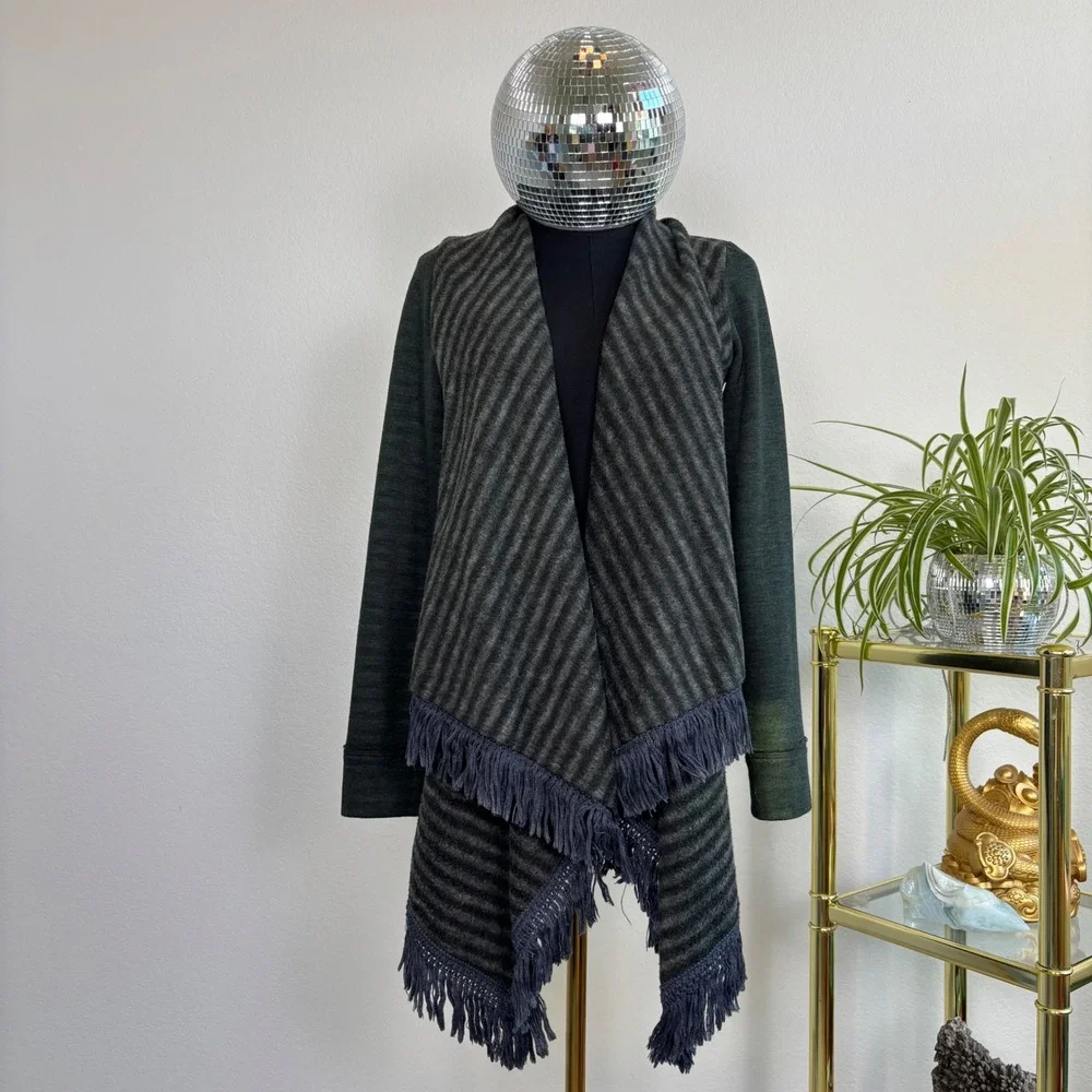 Anthropologie Saturday Sunday Green Striped Fringe Open Front Cardigan XS